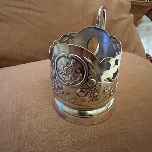 Soviet cupronickel tea glass holder w/Bogdan Khmelnitsky theme. Glasses included